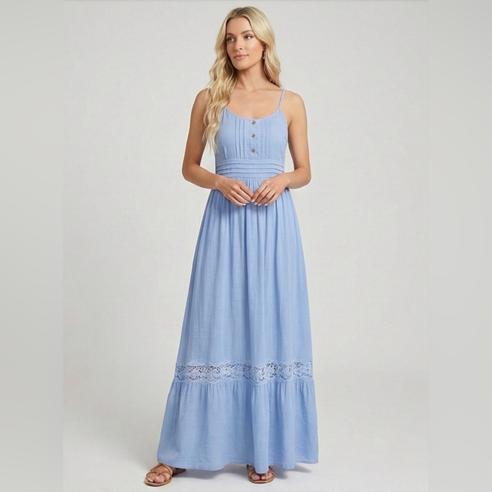 LAST ONE 🔥 Boho Shirred Ruffle Lace Hem Maxi Dress Blue - Picture 4 of 8